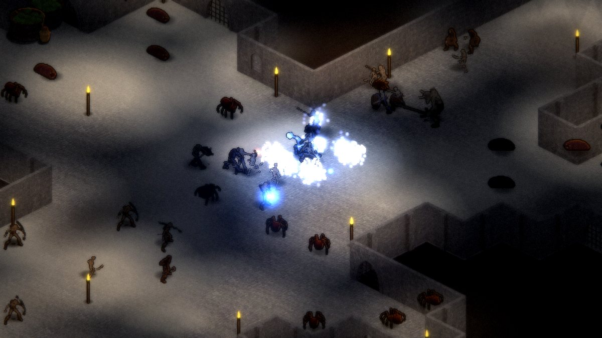 An isometric dungeon room with stone floors and enemies