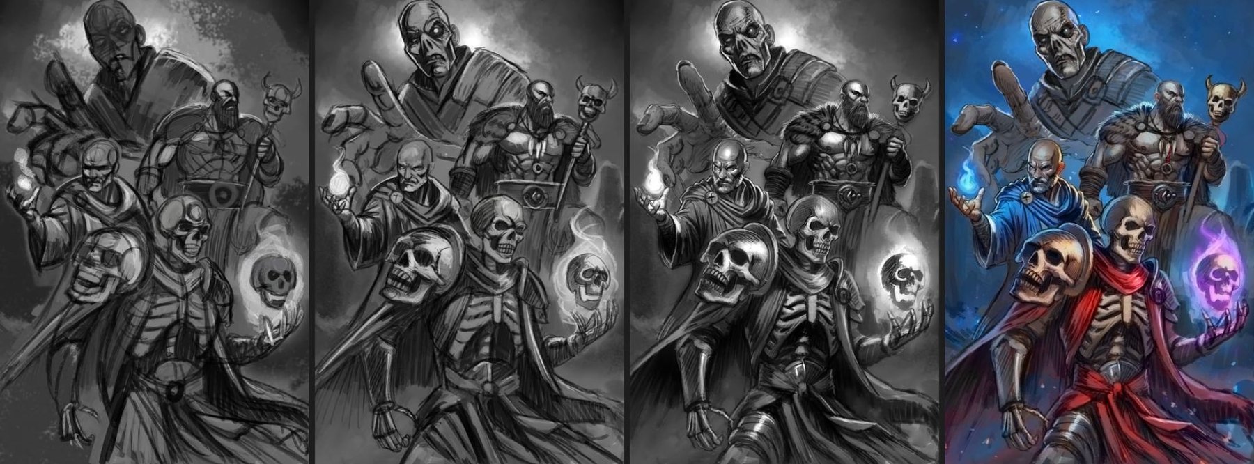 Key art for Manasworn in four stages, from rough greyscale sketch to the coloured painting of the mage, shaman and necromancer