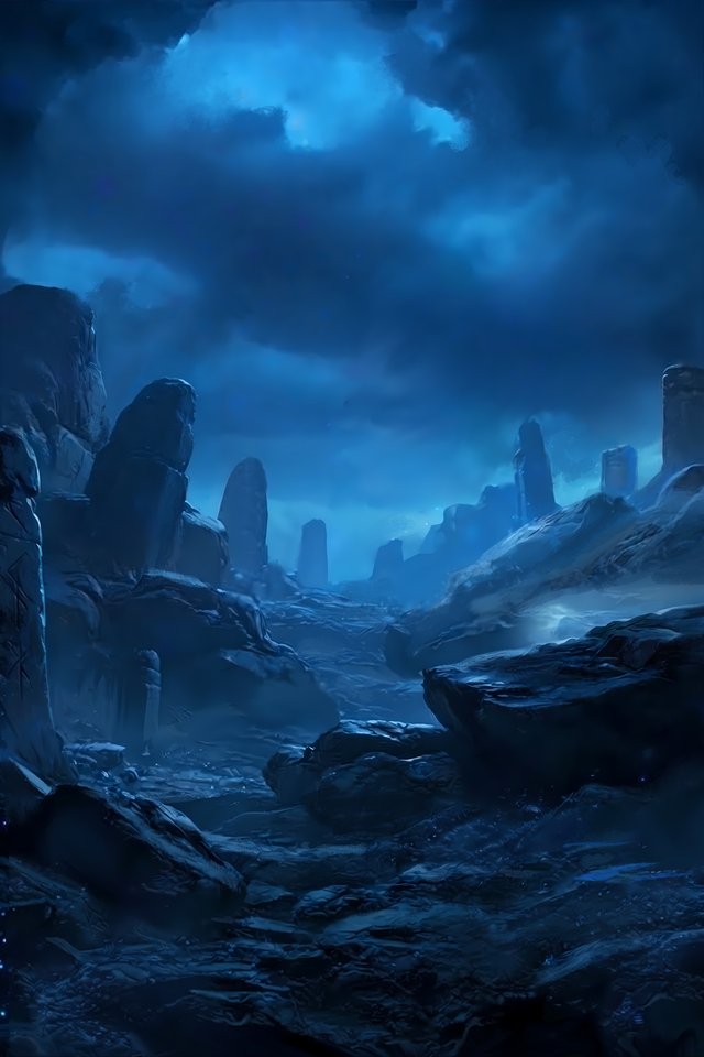 The cover art background: a moonlit valley of standing stones