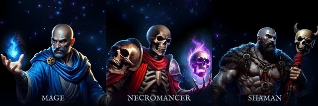 The mage, necromancer and shaman side by side, with their class names